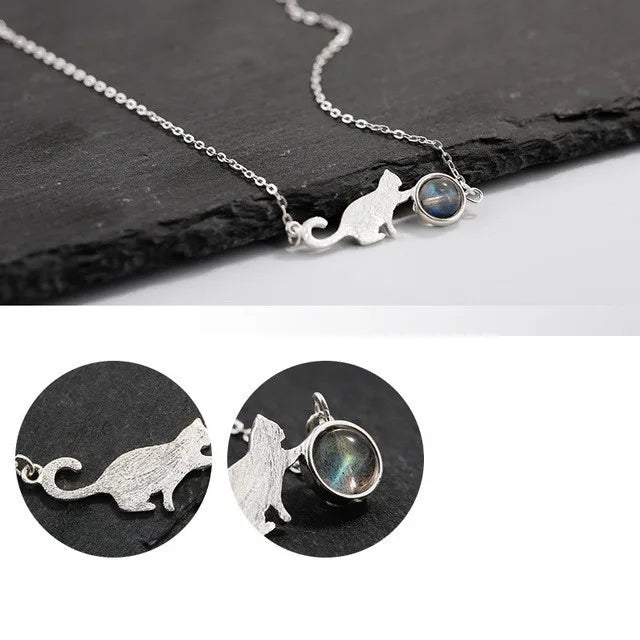 925 Sterling Silver Crystal Cat Round Bead Charm Bracelet For Women Gift Elegant Bracelets & Bangles Silver Jewelry