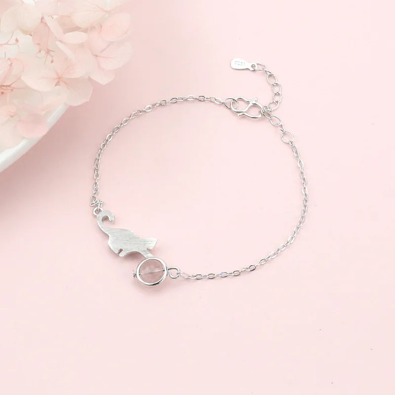 925 Sterling Silver Crystal Cat Round Bead Charm Bracelet For Women Gift Elegant Bracelets & Bangles Silver Jewelry