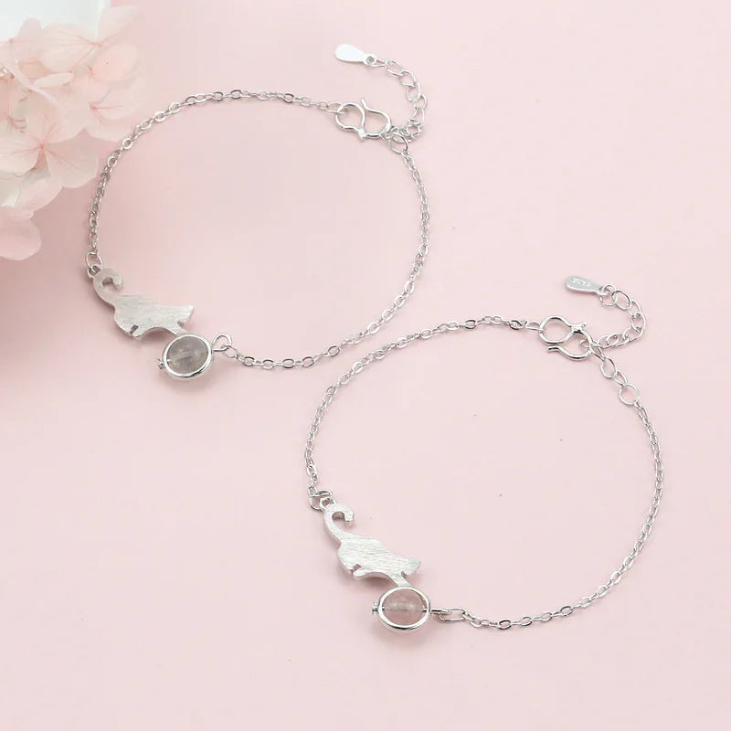 925 Sterling Silver Crystal Cat Round Bead Charm Bracelet For Women Gift Elegant Bracelets & Bangles Silver Jewelry