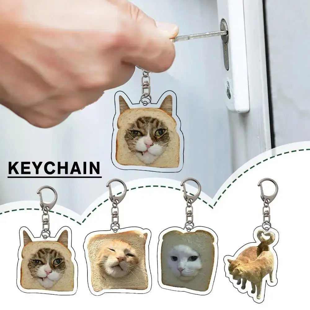 Cartoon Happy Funny Cat Keychain Small Acrylic Toast Cat Pendant Key Ring Portable Bag Accessories Bag Pendant Keyring Women
