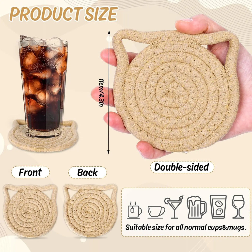 Cat Ear Coasters Set Brown White Handmade Braided Cotton Coasters Non-Slip Absorbent Drink Coaster with Holder