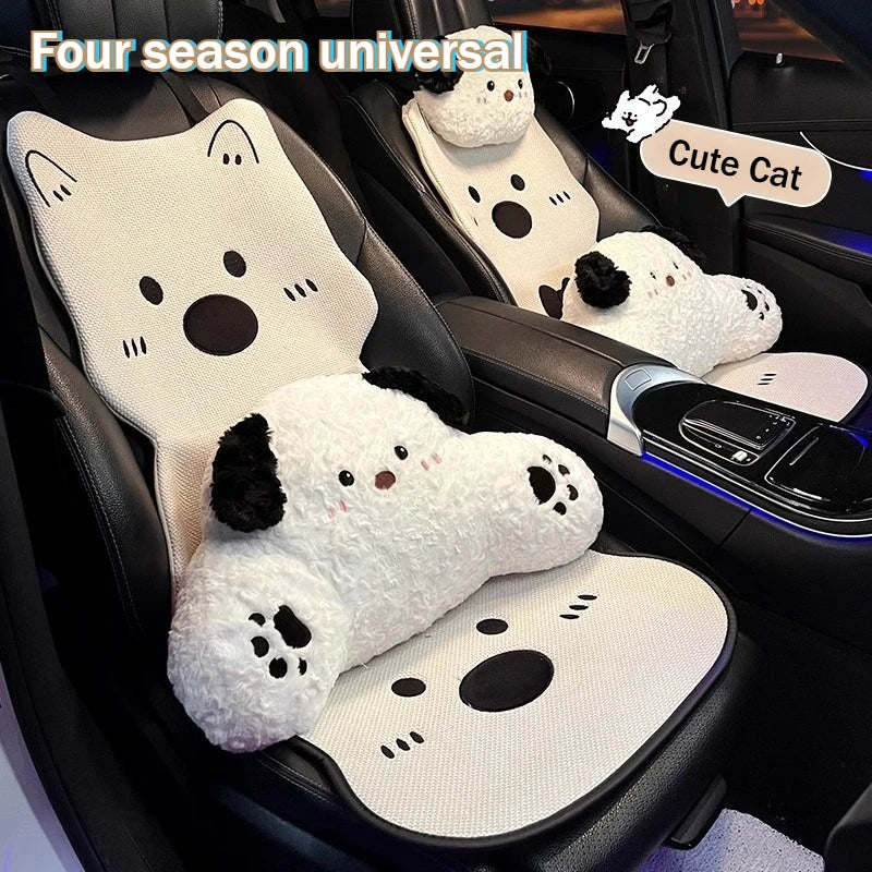 Car Seat Cushion Cute Cat Lumbar Support Headrest Car Accessories Breathable Linen Fabric  Car Half Pack Seat Cover