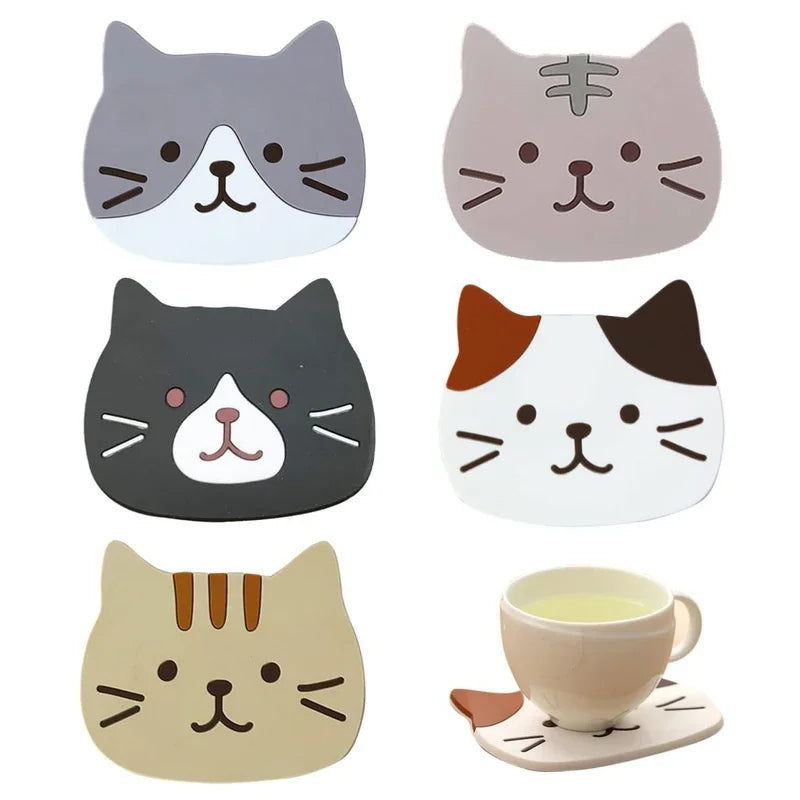 Cartoon Cat Themed Drink Coasters Reusable Silicone Heatproof Non Slip Placemats ﻿