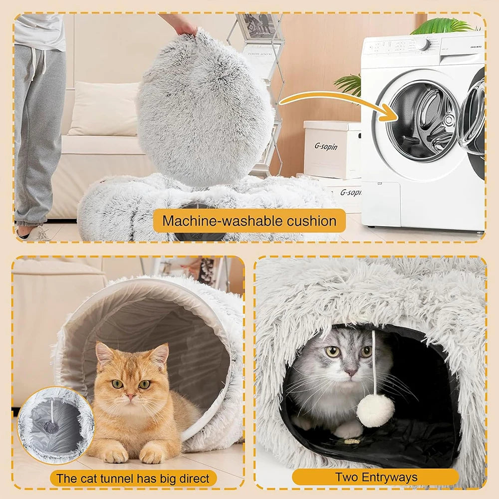 Plush Cat Tunnel Bed Foldable Two-in-One Donut