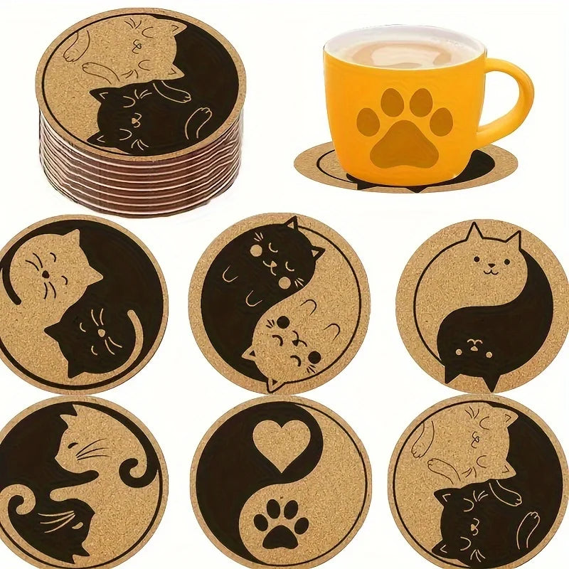 6 PCS 2D Wooden Coasters Wooden Color Cat Pattern Theme Desktop Insulation Mats Home Decor Coffee Cup Coasters For Office