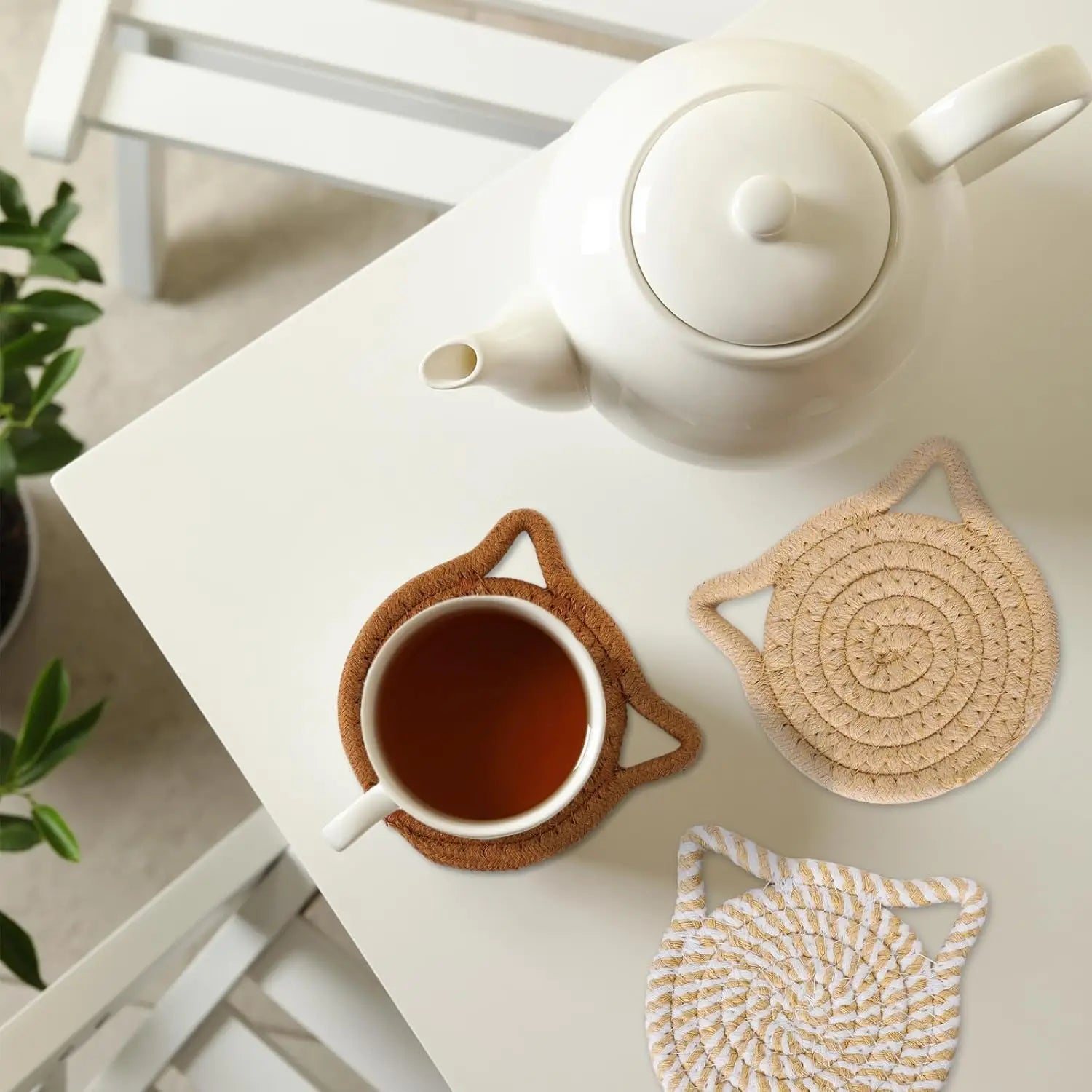 Cat Ear Coasters Set Brown White Handmade Braided Cotton Coasters Non-Slip Absorbent Drink Coaster with Holder