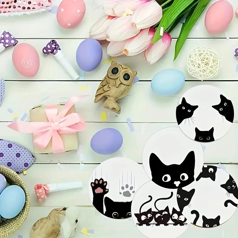 6 Pieces 2D Wooden Coasters Black and White Cat Pattern Theme Desktop Heat Mats Home Decor Coffee Cup Coasters Office