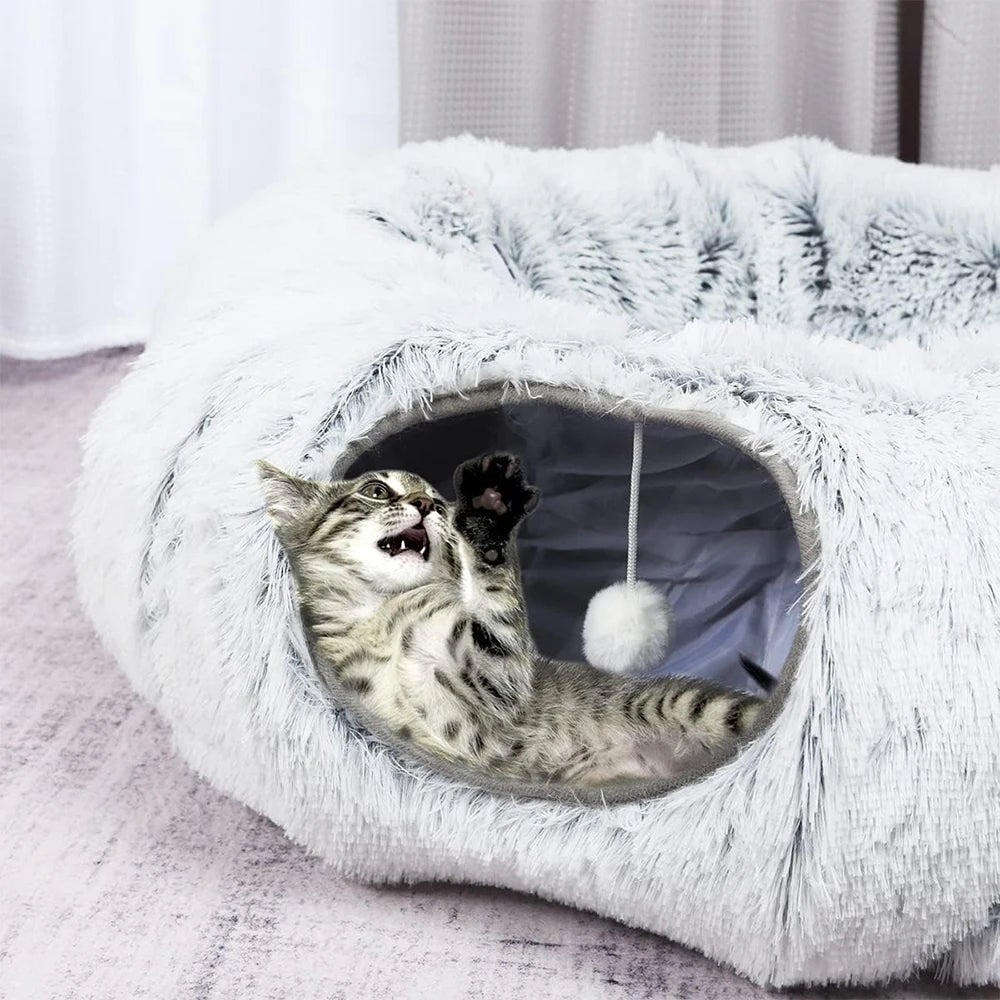Plush Cat Tunnel Bed Foldable Two-in-One Donut
