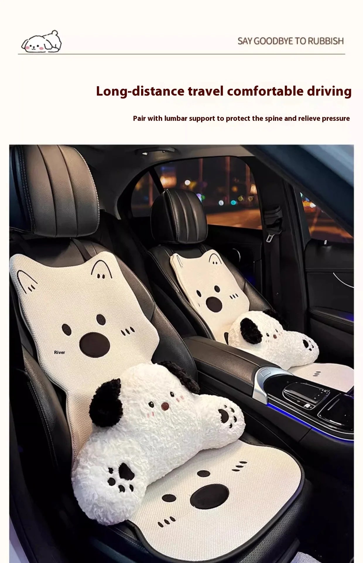 Car Seat Cushion Cute Cat Lumbar Support Headrest Car Accessories Breathable Linen Fabric  Car Half Pack Seat Cover