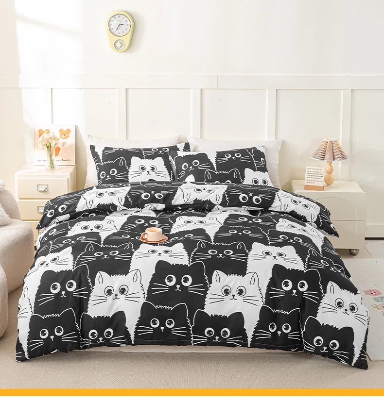 3pcs Cat Print Duvet Cover Set, Soft Skin-Friendly Bedding Set Includes 1 Duvet Cover And 2 Pillowcases