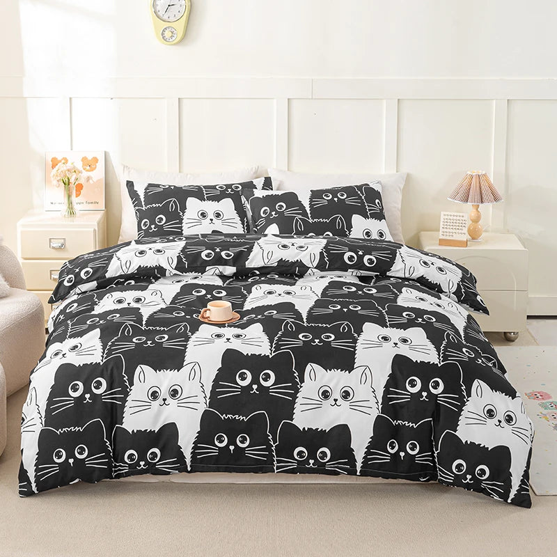 3pcs Cat Print Duvet Cover Set, Soft Skin-Friendly Bedding Set Includes 1 Duvet Cover And 2 Pillowcases