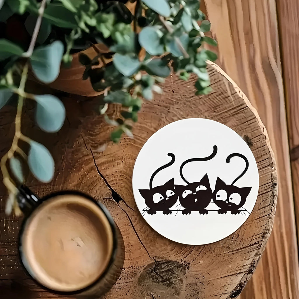 6 Pieces 2D Wooden Coasters Black and White Cat Pattern Theme Desktop Heat Mats Home Decor Coffee Cup Coasters Office