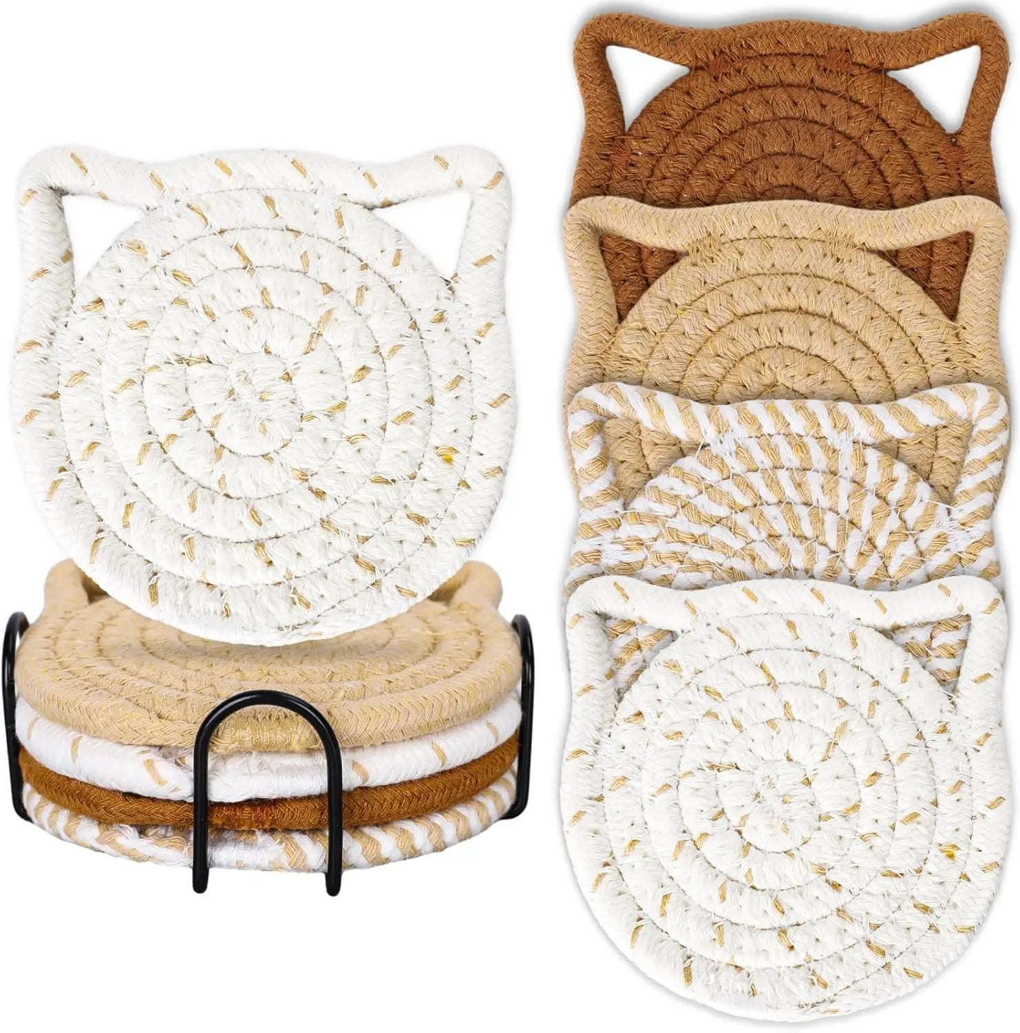 Cat Ear Coasters Set Brown White Handmade Braided Cotton Coasters Non-Slip Absorbent Drink Coaster with Holder