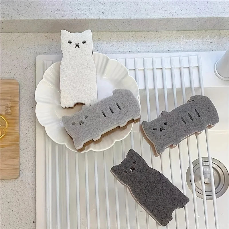 4-piece Cute Cat Sponge Set - Thick and Durable Kitchen Dishwashing and Cleaning Tools