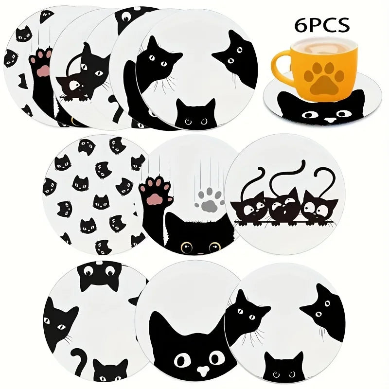 6 Pieces 2D Wooden Coasters Black and White Cat Pattern Theme Desktop Heat Mats Home Decor Coffee Cup Coasters Office