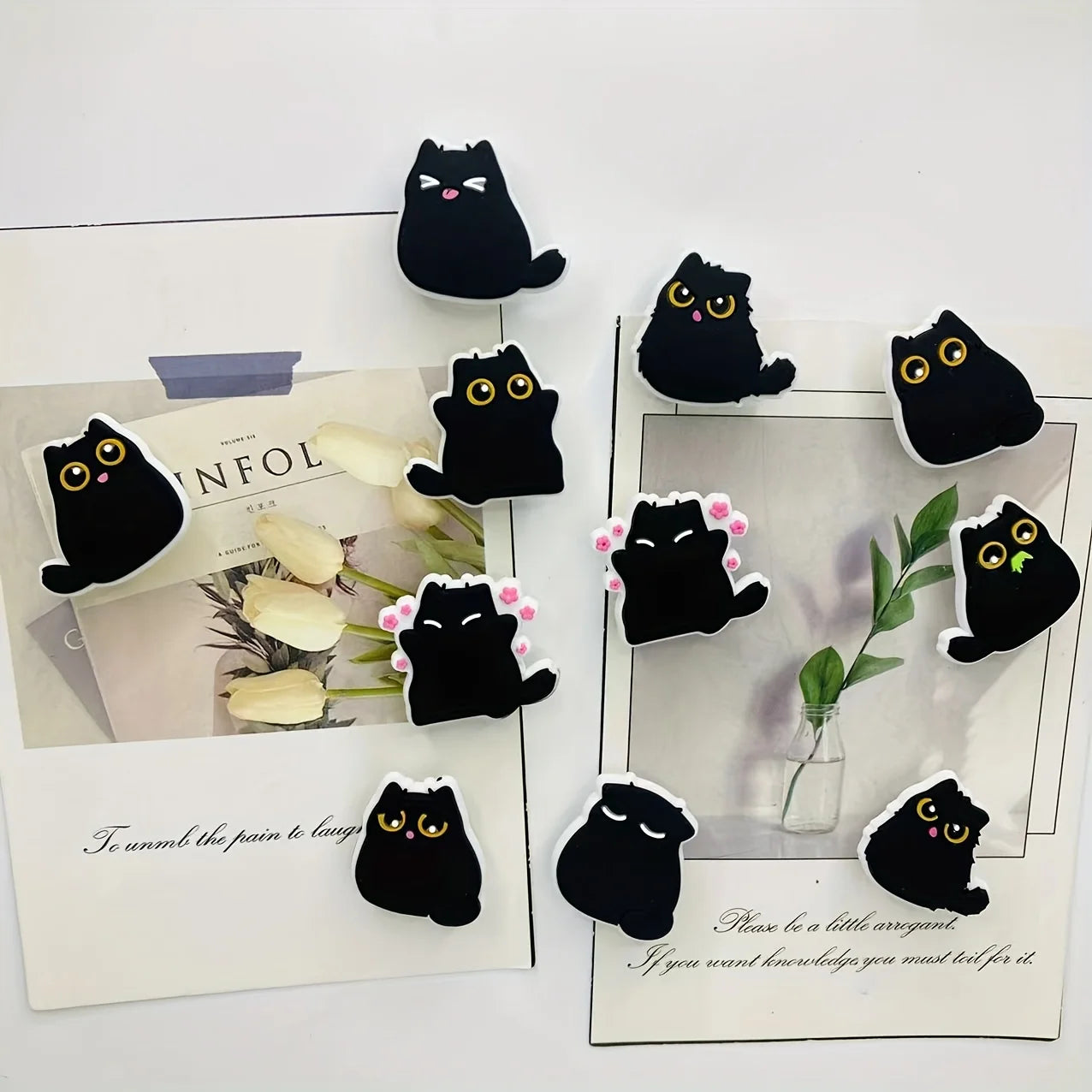 6/9pcs Kawaii Chubby Black Cat Fridge Magnets, Decorative Plastic Resin, Multi-Use for Kitchen and Office, Ideal Holiday Gift