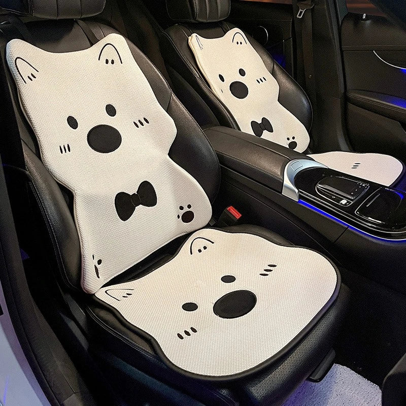 Car Seat Cushion Cute Cat Lumbar Support Headrest Car Accessories Breathable Linen Fabric  Car Half Pack Seat Cover