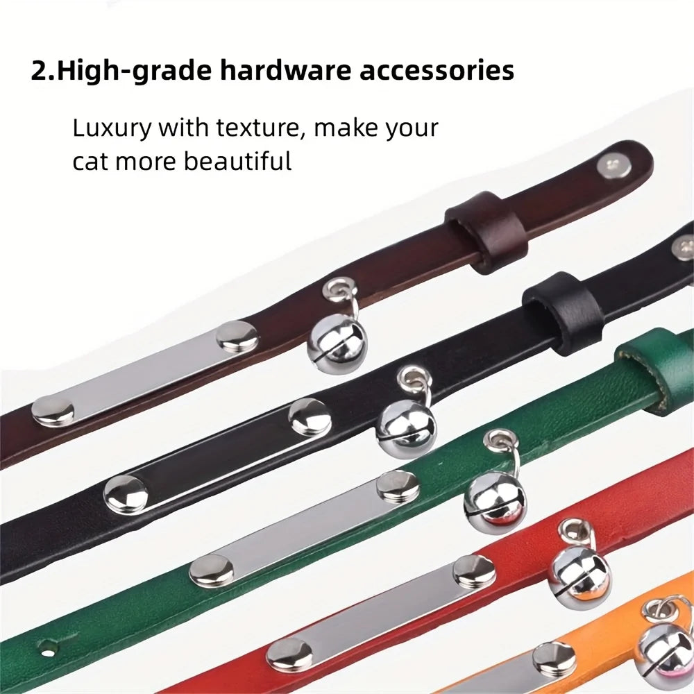 Cat Collar Personalized with Bell, First Layer Leather Custom Engraved NamePlate ID Tag Phone Number, Cute Pet Puppy Kitten Coll