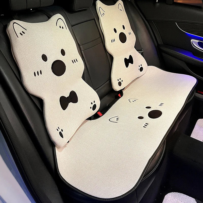 Car Seat Cushion Cute Cat Lumbar Support Headrest Car Accessories Breathable Linen Fabric  Car Half Pack Seat Cover
