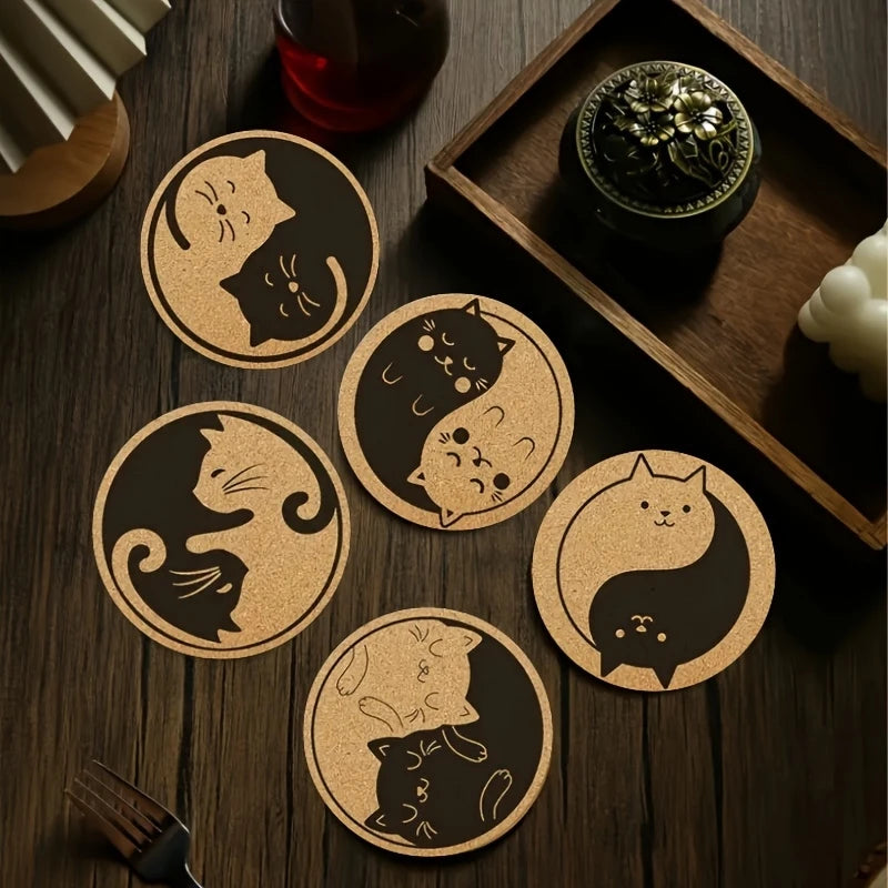 6 PCS 2D Wooden Coasters Wooden Color Cat Pattern Theme Desktop Insulation Mats Home Decor Coffee Cup Coasters For Office