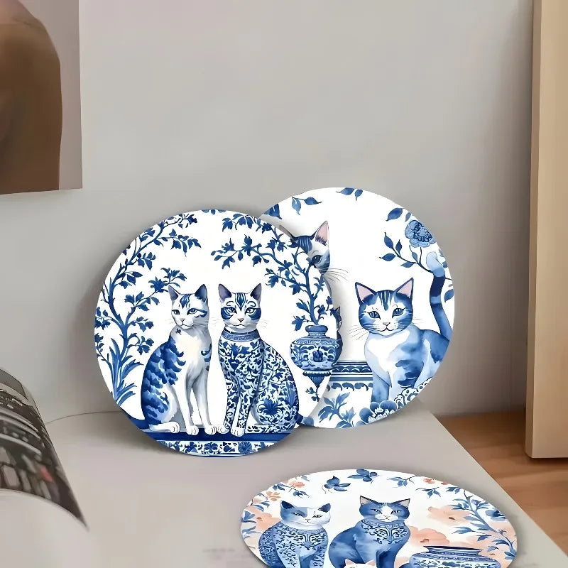 Coaster Set of 6 - Ceramic Cat Wooden Base with Floral Feline Illustration, Perfect for Coffee Table Kitchen Living Room Decor