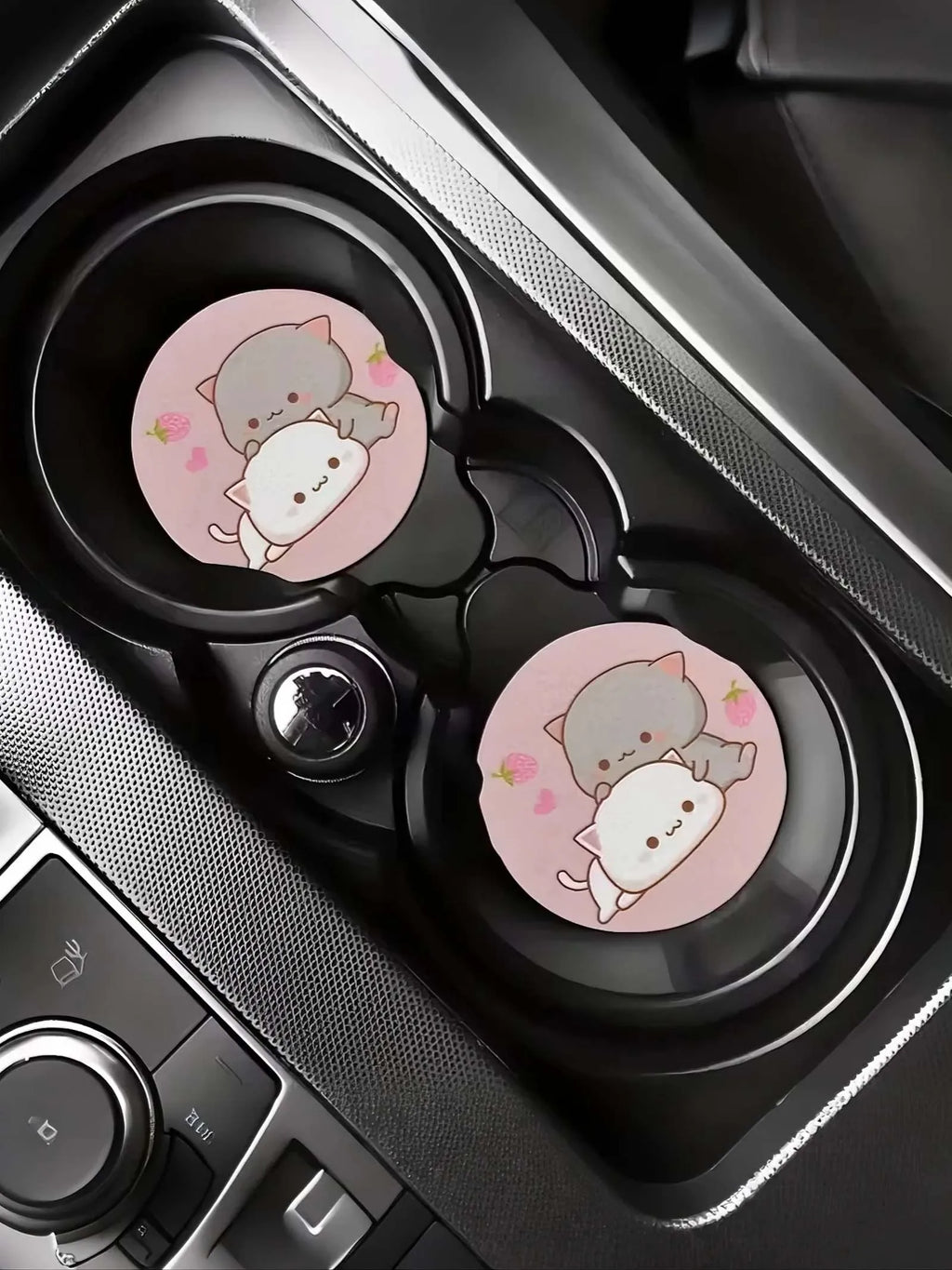 2Pc of Strawberry Cartoon Cat Coasters, Absorbent Coasters for Car Cup Holders