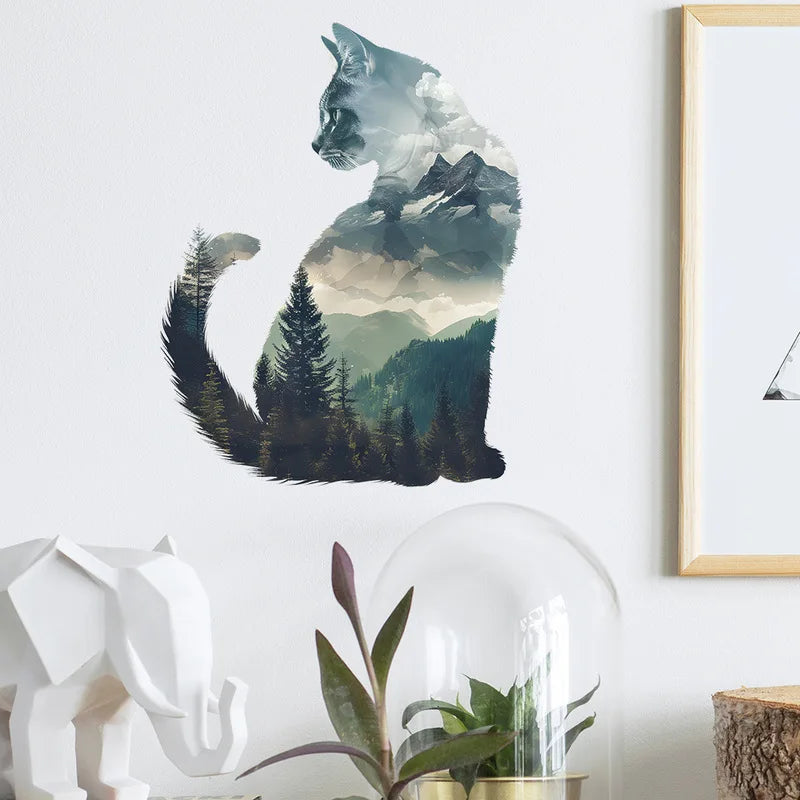 Cat And Forest Silhouette Vinyl Wall Sticker Self-Adhesive Ideal For Home Bedroom Living Room Entryway Background Decor