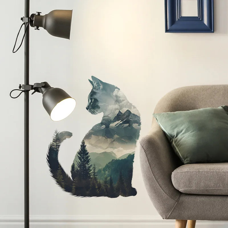 Cat And Forest Silhouette Vinyl Wall Sticker Self-Adhesive Ideal For Home Bedroom Living Room Entryway Background Decor