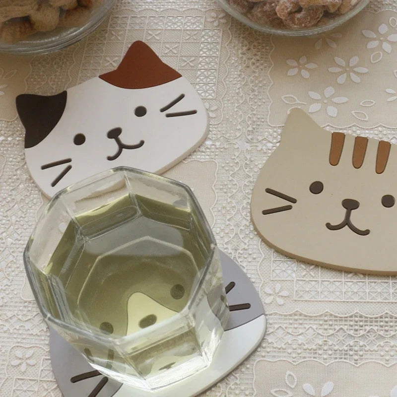 Cartoon Cat Themed Drink Coasters Reusable Silicone Heatproof Non Slip Placemats ﻿