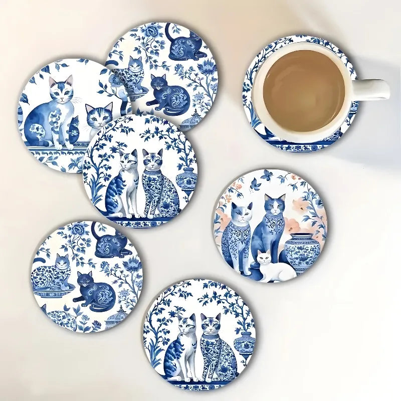 Coaster Set of 6 - Ceramic Cat Wooden Base with Floral Feline Illustration, Perfect for Coffee Table Kitchen Living Room Decor