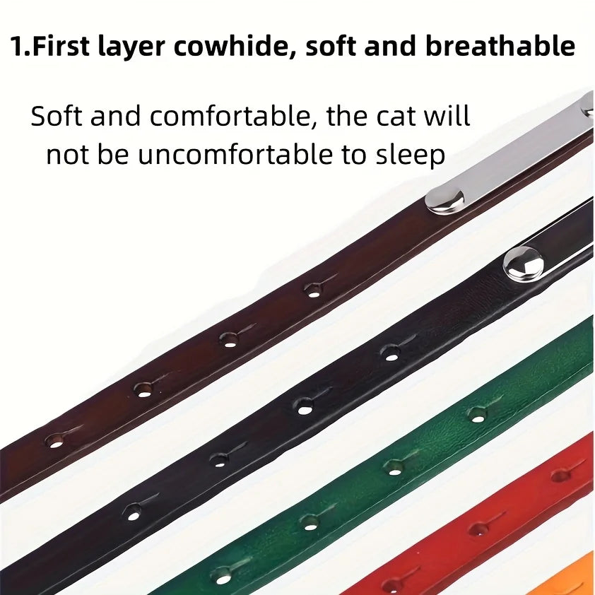 Cat Collar Personalized with Bell, First Layer Leather Custom Engraved NamePlate ID Tag Phone Number, Cute Pet Puppy Kitten Coll