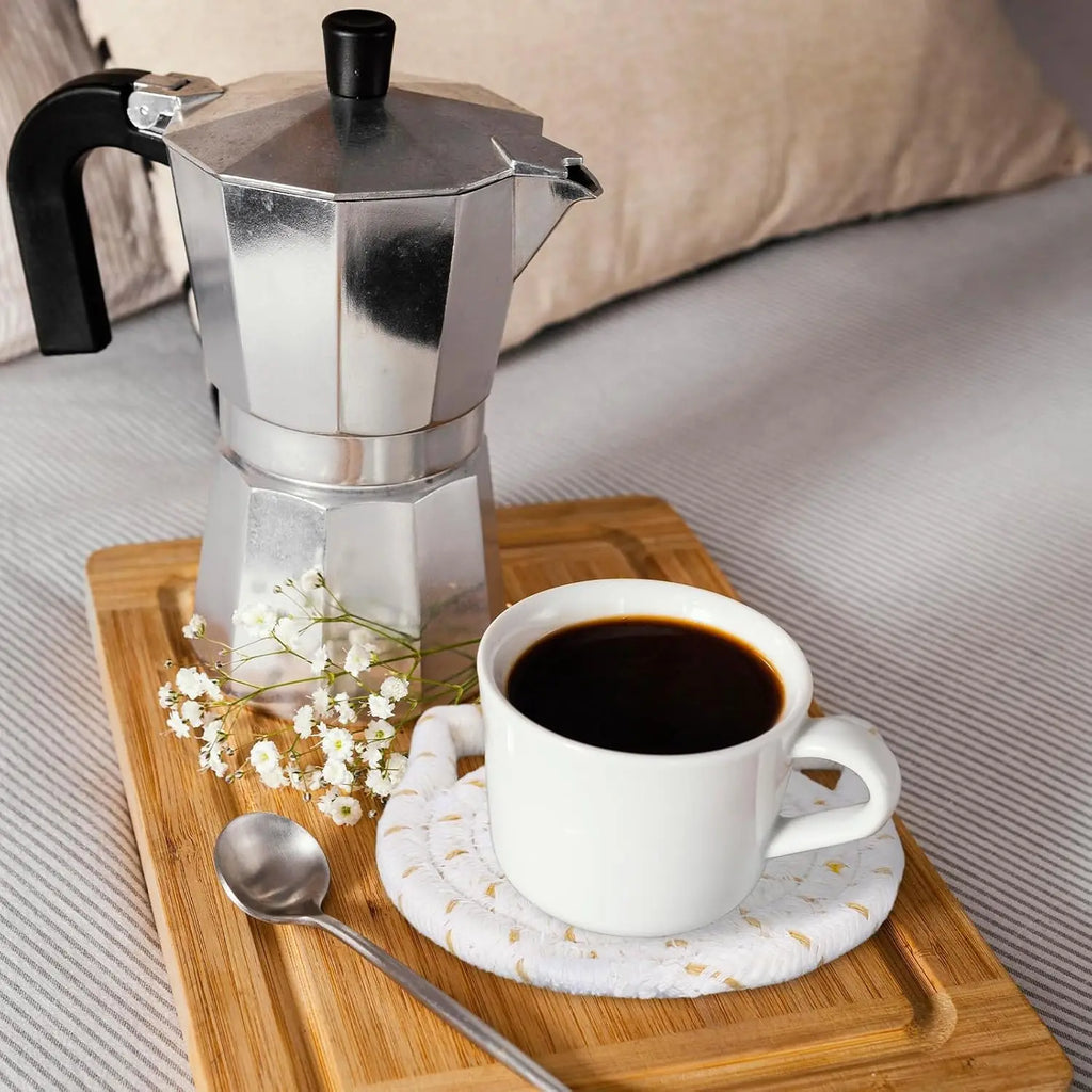 Cat Ear Coasters Set Brown White Handmade Braided Cotton Coasters Non-Slip Absorbent Drink Coaster with Holder