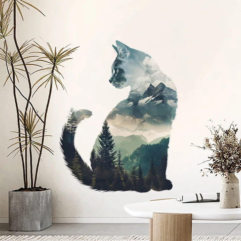Cat And Forest Silhouette Vinyl Wall Sticker Self-Adhesive Ideal For Home Bedroom Living Room Entryway Background Decor
