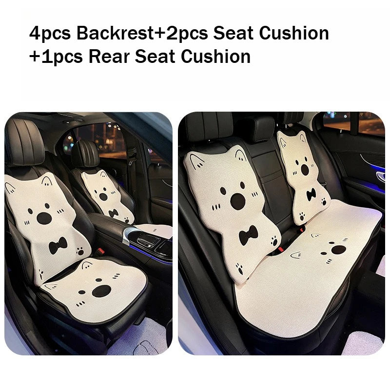 Car Seat Cushion Cute Cat Lumbar Support Headrest Car Accessories Breathable Linen Fabric  Car Half Pack Seat Cover