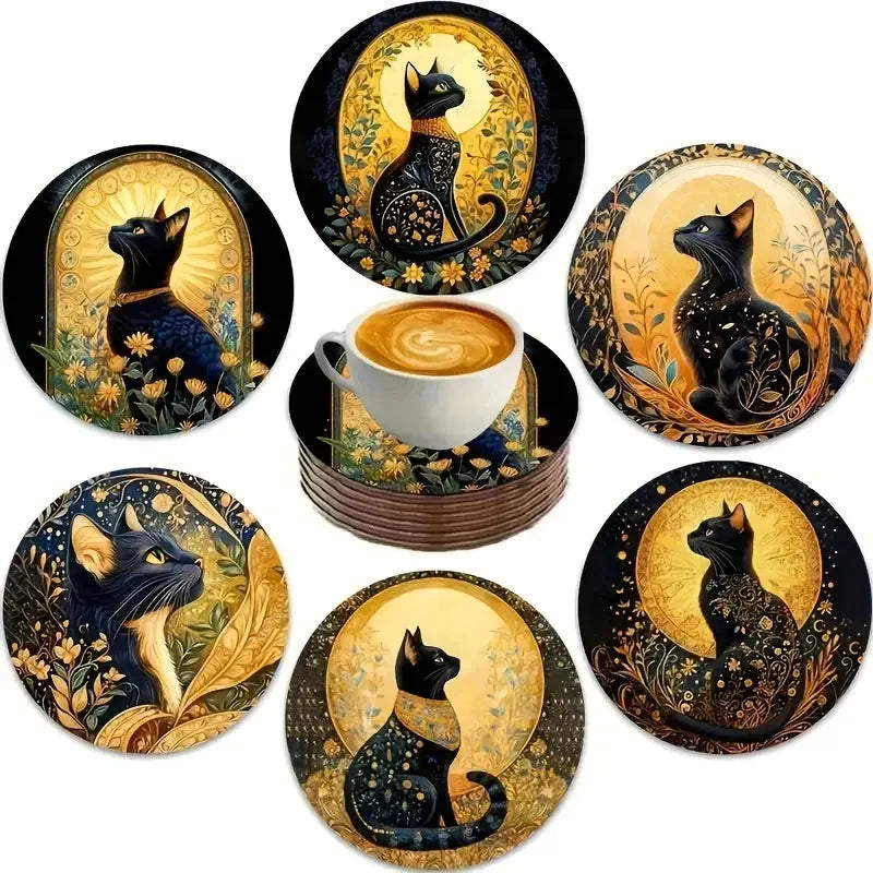 6 PCS 2D Wooden Coasters Wooden Color Cat Pattern Theme Desktop Insulation Mats Home Decor Coffee Cup Coasters For Office