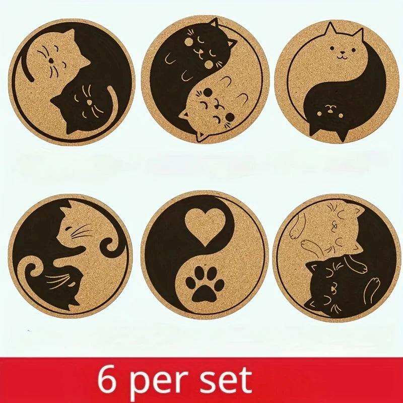 6 PCS 2D Wooden Coasters Wooden Color Cat Pattern Theme Desktop Insulation Mats Home Decor Coffee Cup Coasters For Office