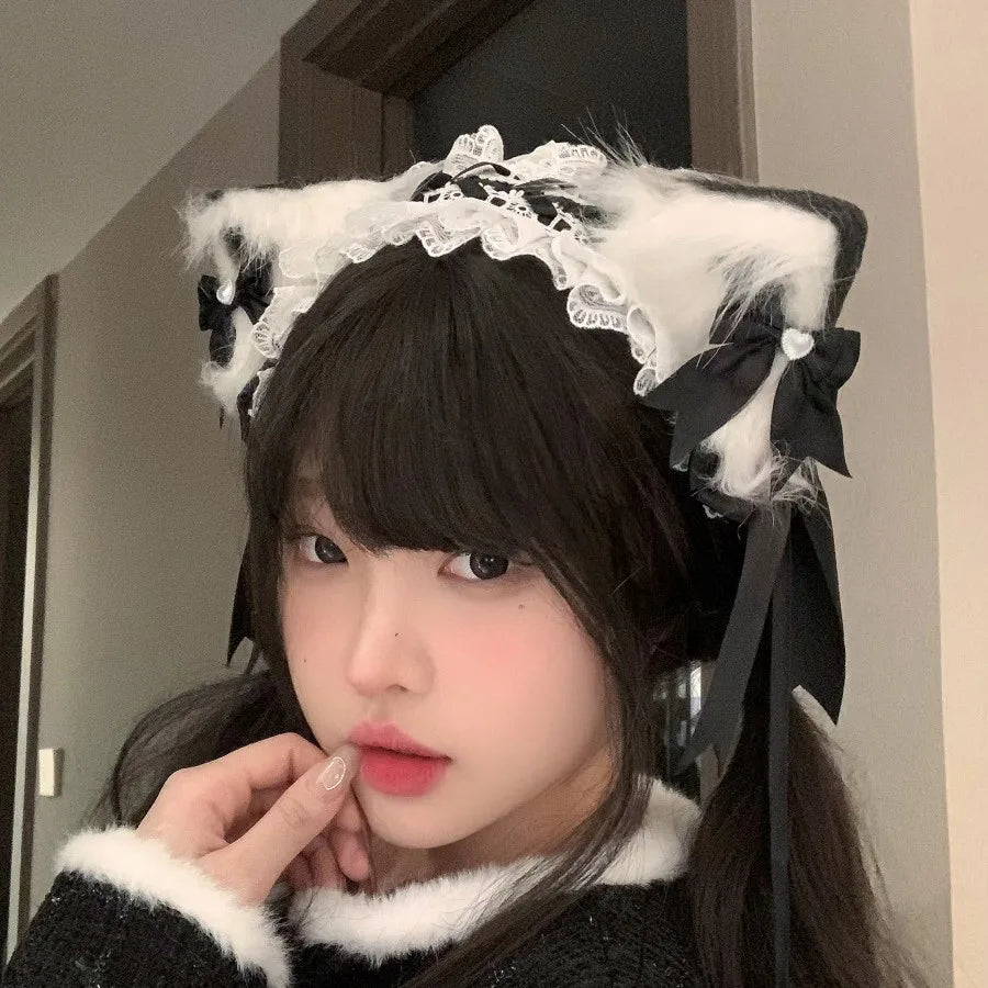Bow Cat Ear Hairband Hair Hoop for Women Sweet Lace Headdress Cosplay Anime Headbands Cute Plush Ears Ribbon Hair Accessories