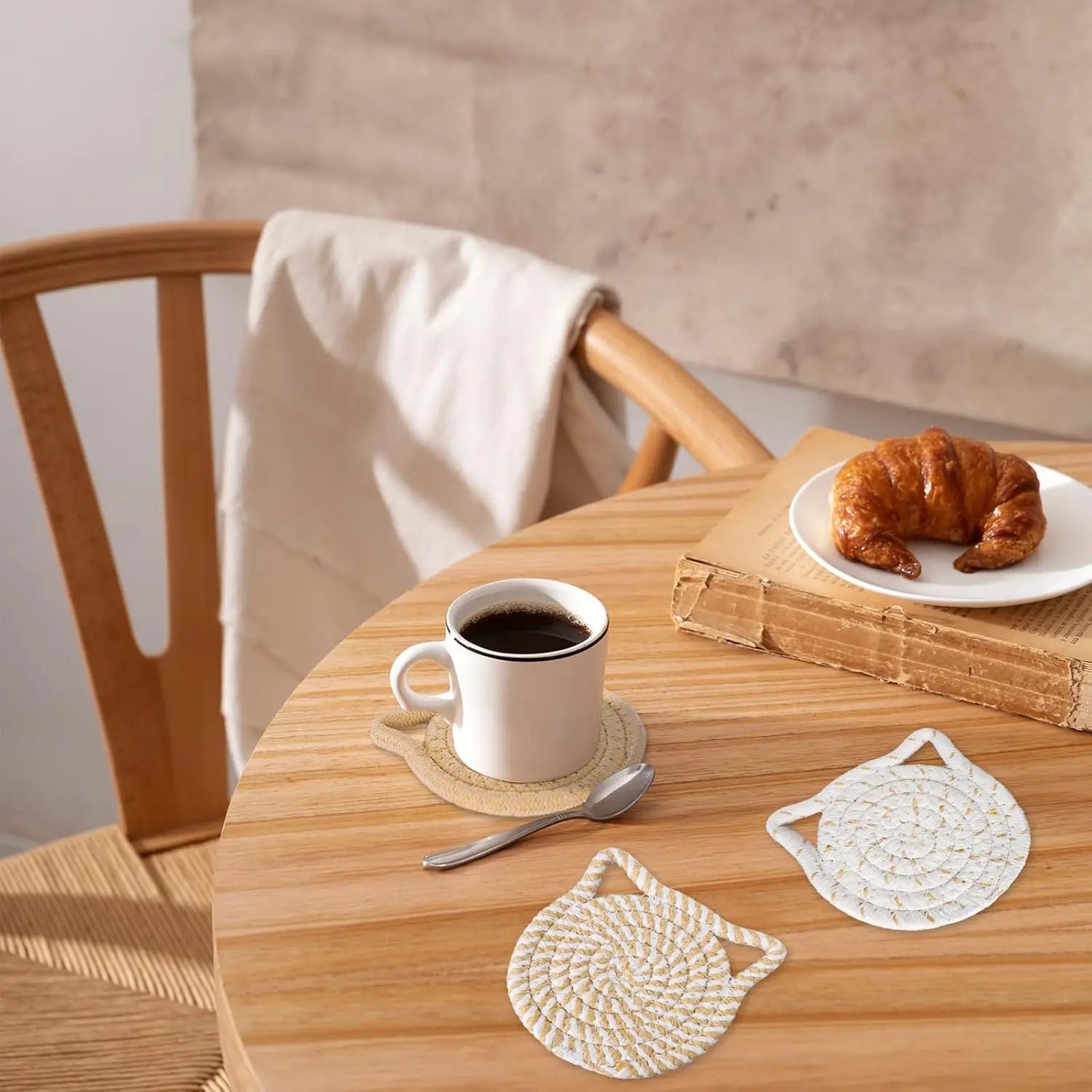 Cat Ear Coasters Set Brown White Handmade Braided Cotton Coasters Non-Slip Absorbent Drink Coaster with Holder