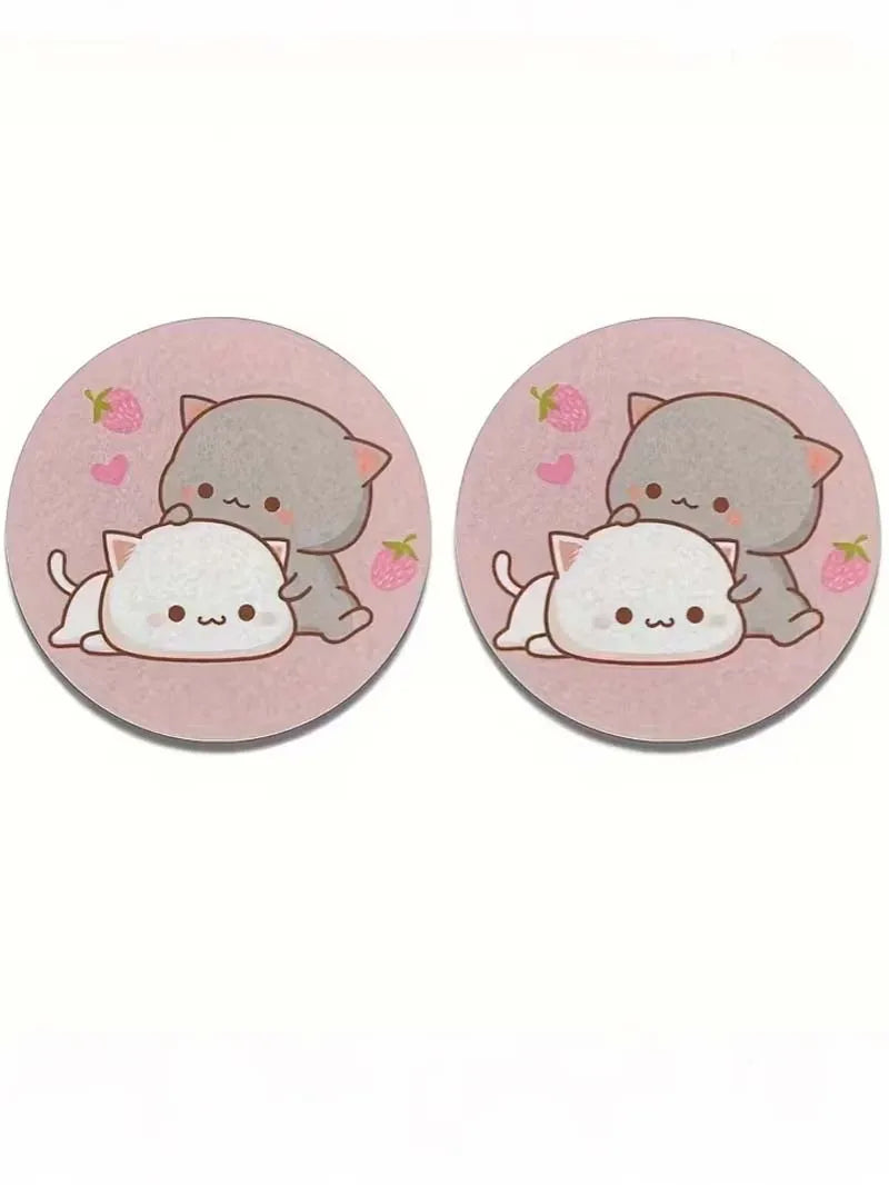 2Pc of Strawberry Cartoon Cat Coasters, Absorbent Coasters for Car Cup Holders