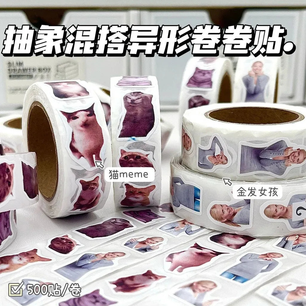 500PCS/Roll Cat Meme Stickers 7 Styles Funny Cat Stickers Cute Animal Decals Vinyl Waterproof Sticker for Scrapbooking DIY