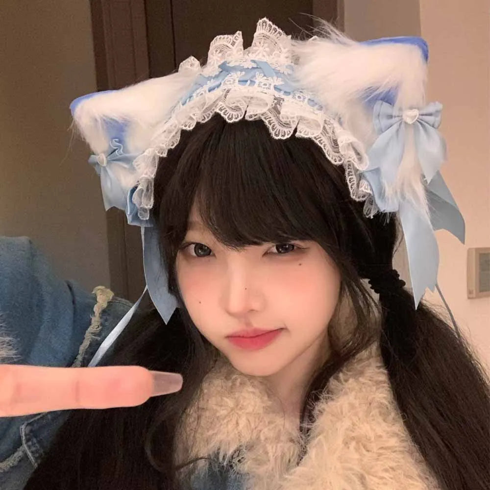 Bow Cat Ear Hairband Hair Hoop for Women Sweet Lace Headdress Cosplay Anime Headbands Cute Plush Ears Ribbon Hair Accessories