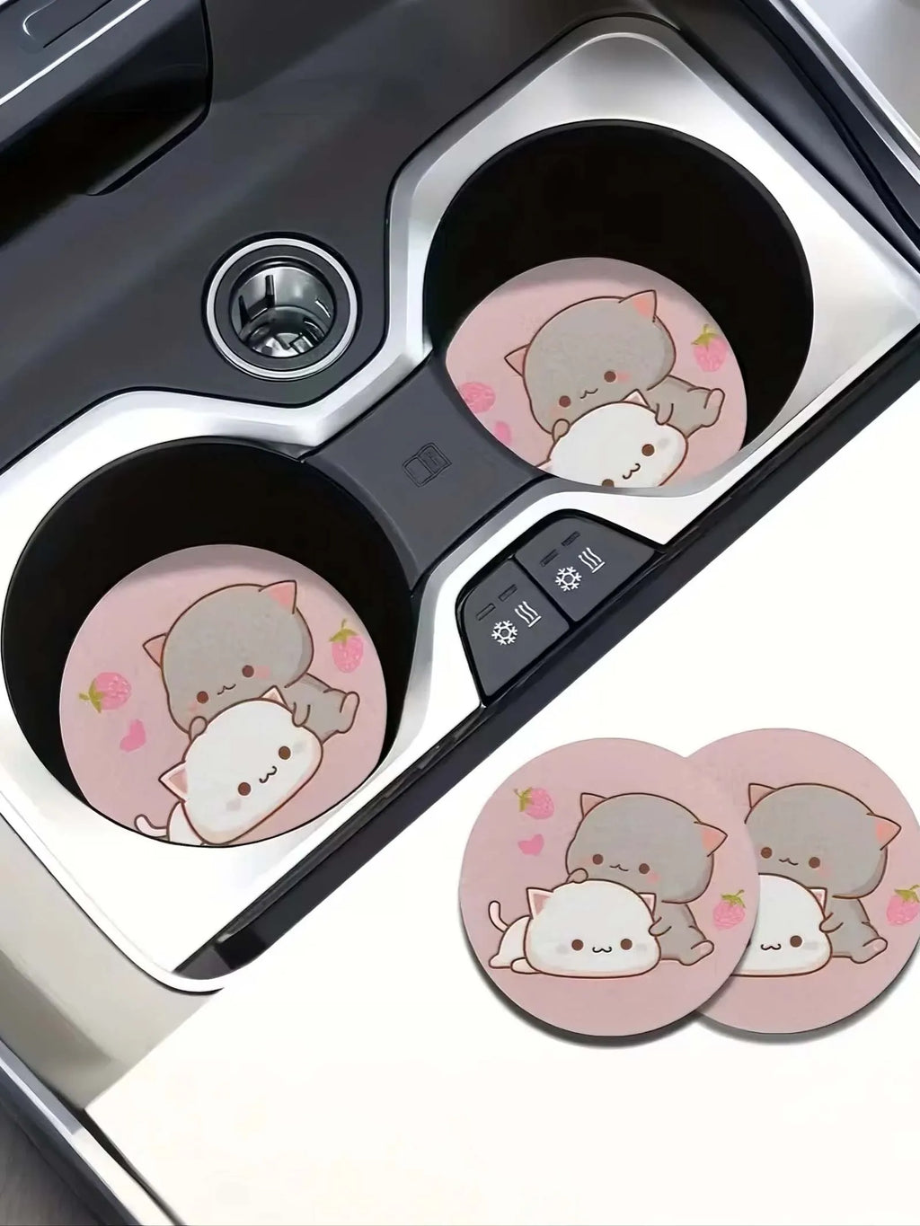 2Pc of Strawberry Cartoon Cat Coasters, Absorbent Coasters for Car Cup Holders