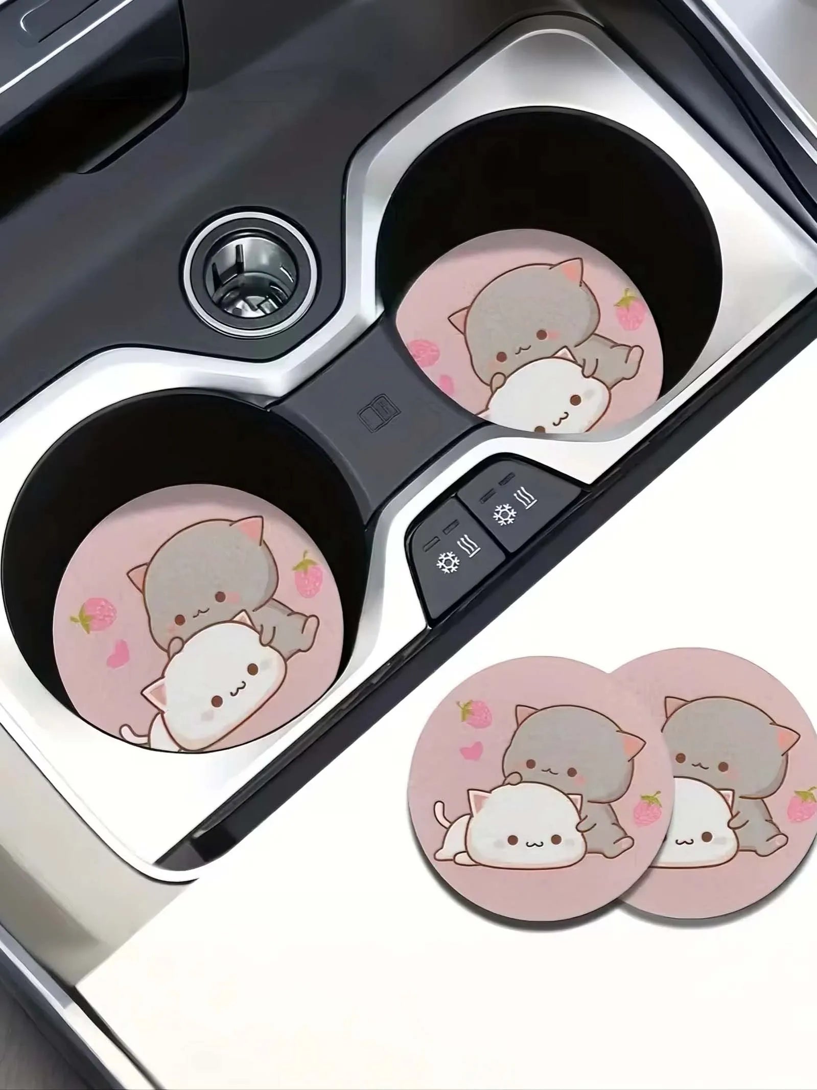 2Pc of Strawberry Cartoon Cat Coasters, Absorbent Coasters for Car Cup Holders