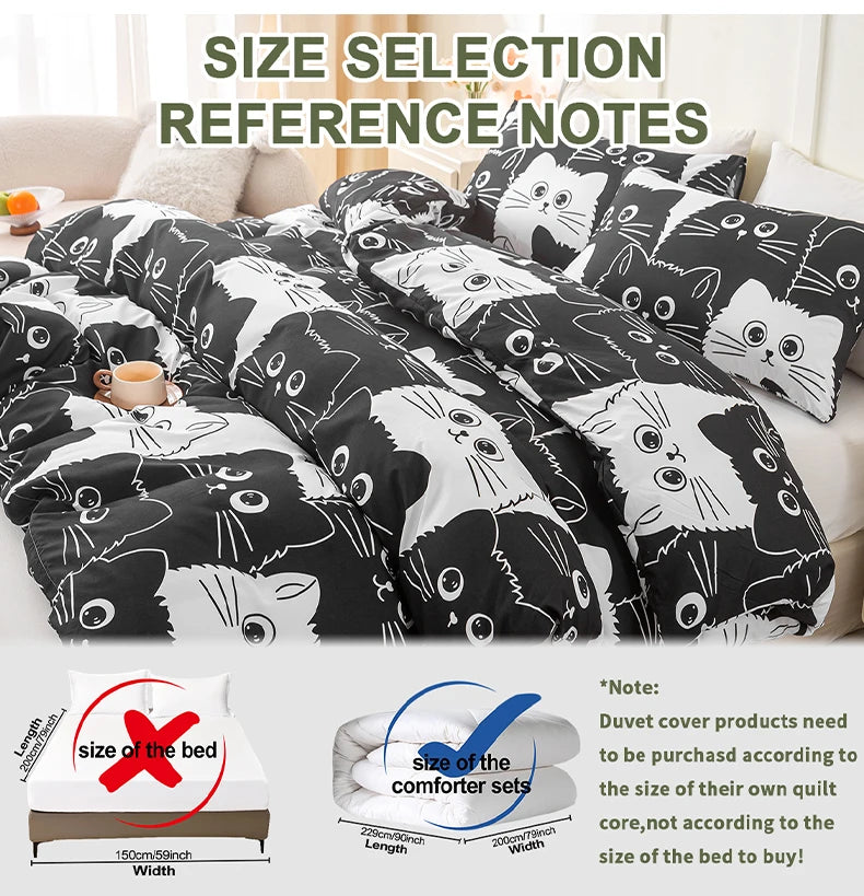 3pcs Cat Print Duvet Cover Set, Soft Skin-Friendly Bedding Set Includes 1 Duvet Cover And 2 Pillowcases