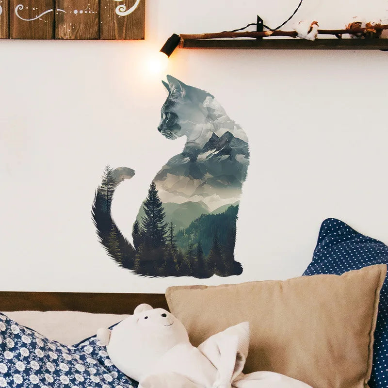 Cat And Forest Silhouette Vinyl Wall Sticker Self-Adhesive Ideal For Home Bedroom Living Room Entryway Background Decor