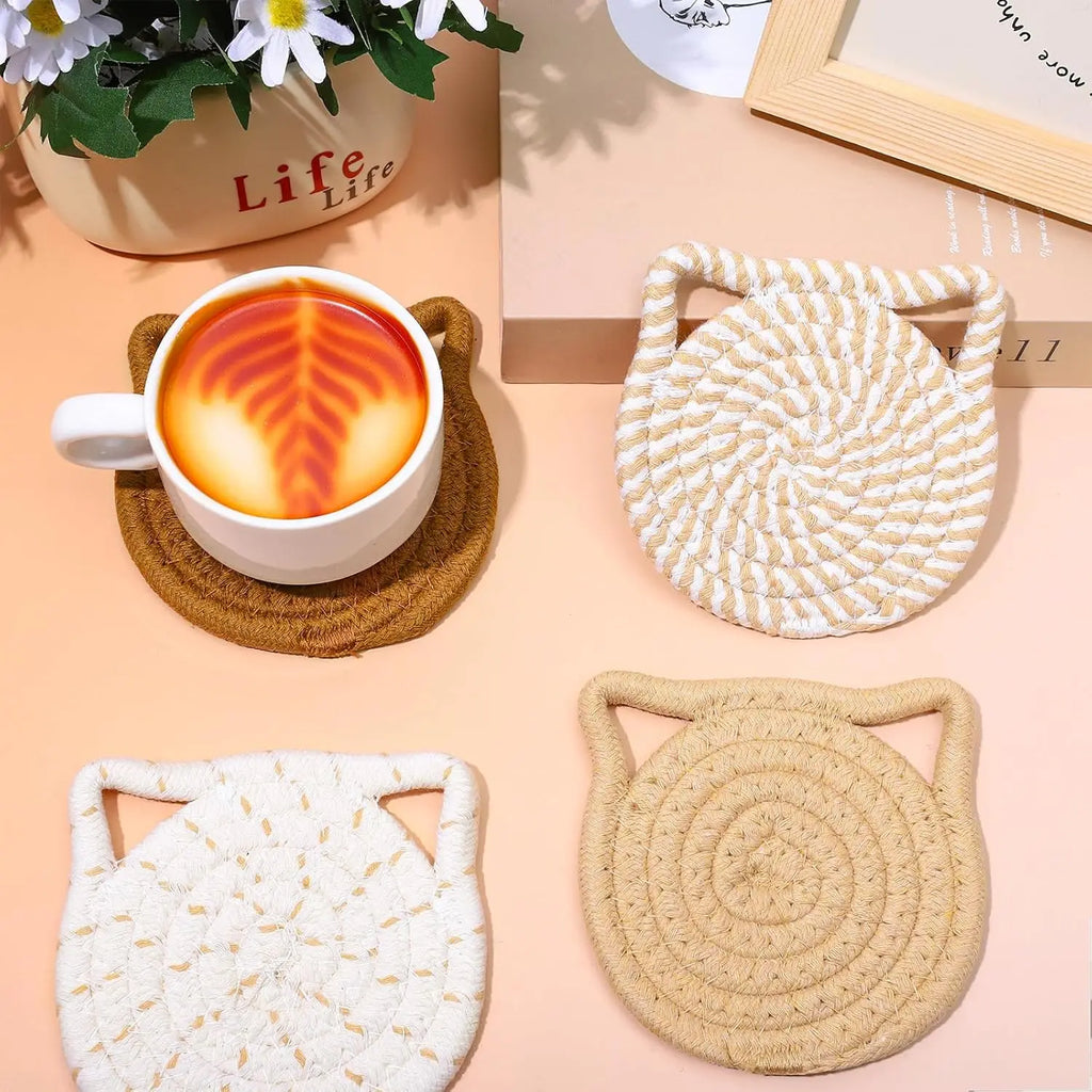 Cat Ear Coasters Set Brown White Handmade Braided Cotton Coasters Non-Slip Absorbent Drink Coaster with Holder