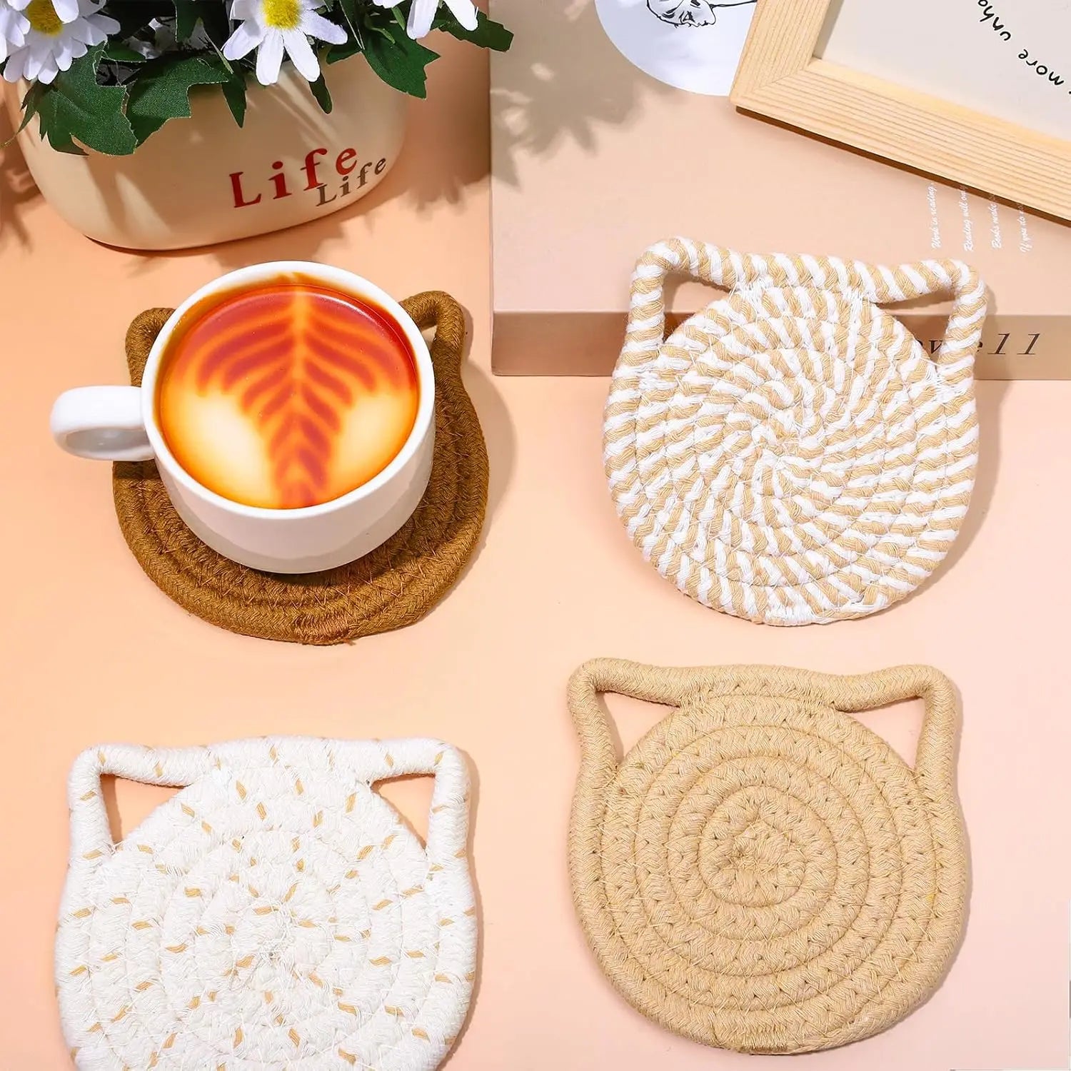 Cat Ear Coasters Set Brown White Handmade Braided Cotton Coasters Non-Slip Absorbent Drink Coaster with Holder