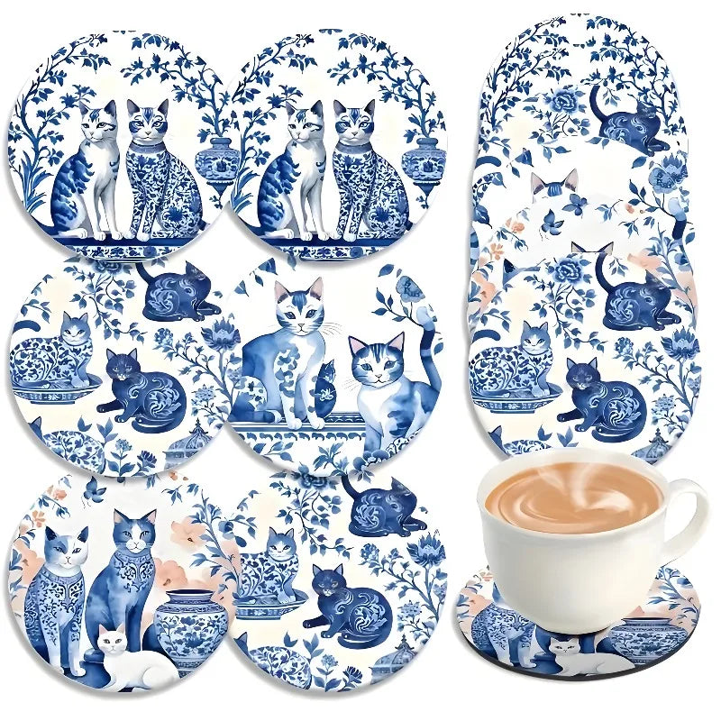 Coaster Set of 6 - Ceramic Cat Wooden Base with Floral Feline Illustration, Perfect for Coffee Table Kitchen Living Room Decor
