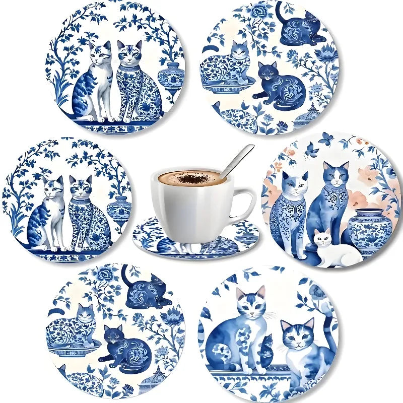 Coaster Set of 6 - Ceramic Cat Wooden Base with Floral Feline Illustration, Perfect for Coffee Table Kitchen Living Room Decor