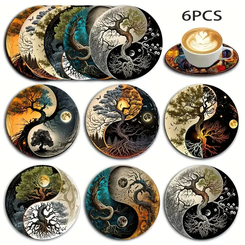 6 PCS 2D Wooden Coasters Wooden Color Cat Pattern Theme Desktop Insulation Mats Home Decor Coffee Cup Coasters For Office
